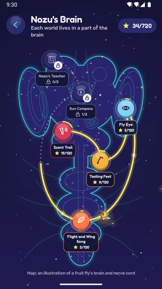 The map of Nozu's brain with its six worlds
