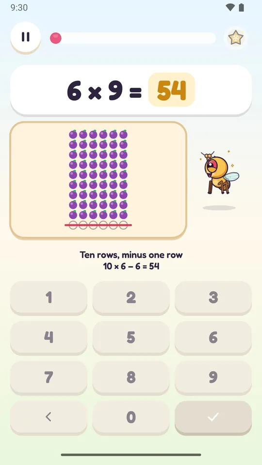 A times-table lesson: six times nine shown as rows of fruit