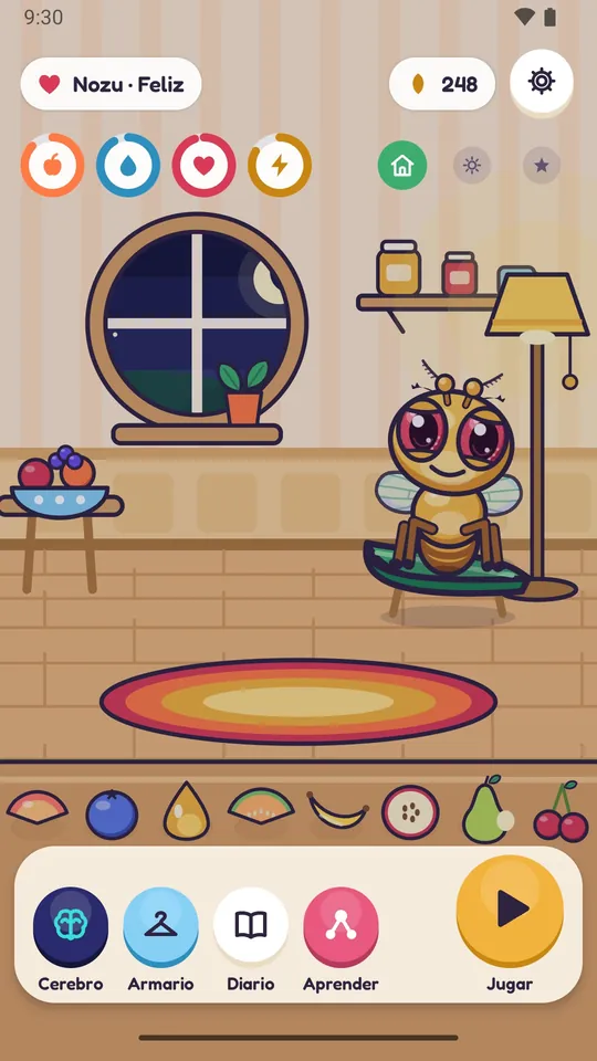 Nozu en su casa dentro del juego: su habitación, sus necesidades y el botón de jugar