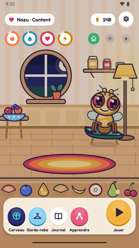 Nozu chez lui dans le jeu : sa chambre, ses besoins et le bouton pour jouer